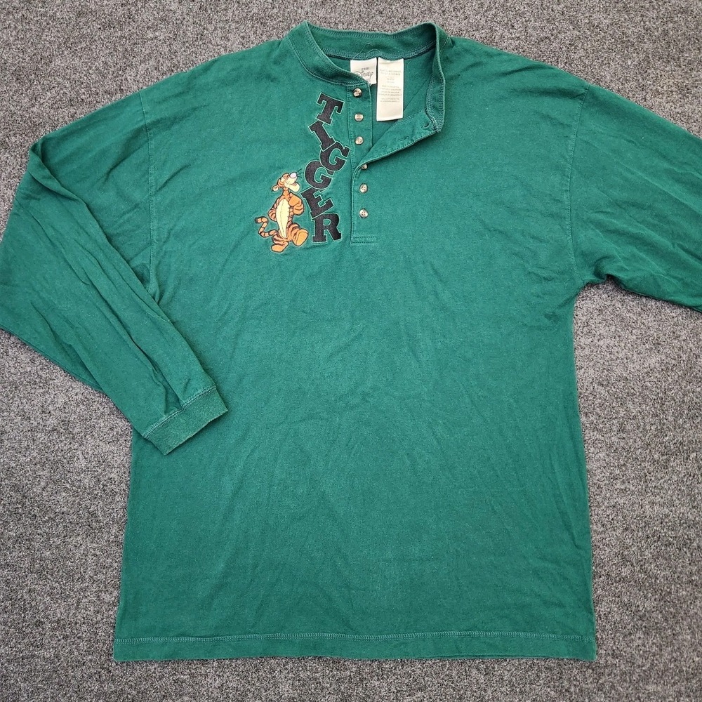 Vintage Disney Store Adult XL Green Embroidered Tigger Henley Shirt Long Sleeve